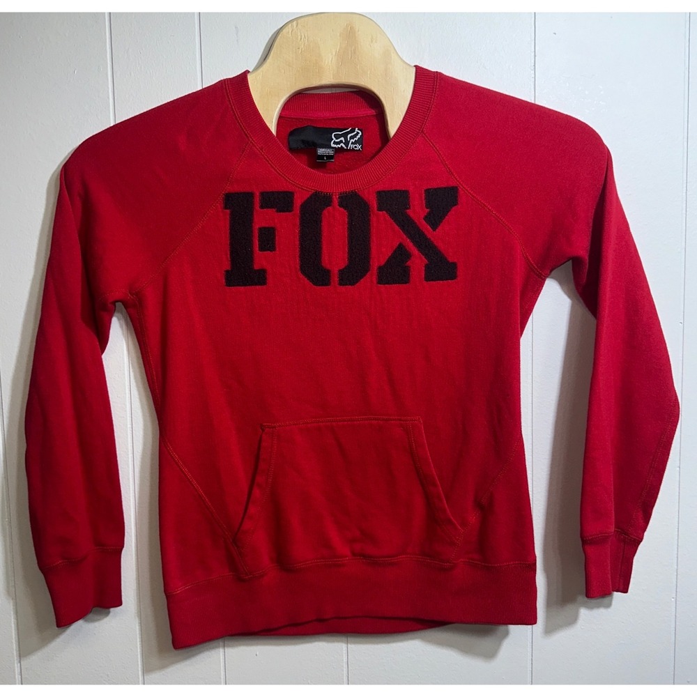 Fox Racing Red Crewneck Sweatshirt Felt Logo Kangaroo Pocket Mens Large 07342